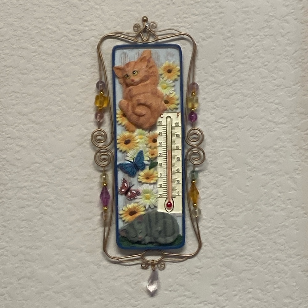Vintage Spoontique Thermometer with Cats, Flowers, Butterflies, Wire and Beads